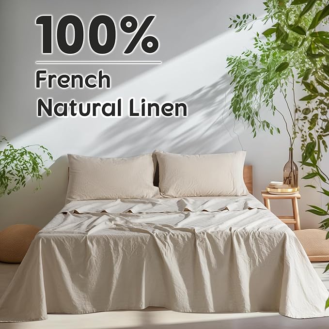 SONORO KATE 100% French Pure Linen Sheets, Breathable and Durable Line Twin XL Size Sheets, Anti-Tear Line Bed Sheets, Machine Washable, 16 Inch Deep Pocket - 3 Piece (Natural Linen, Twin XL)
