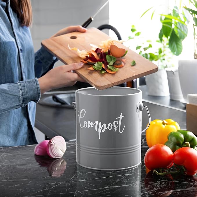 DAYYET Gray Compost Bin Kitchen, 1.3 Gallon Farmhouse Kitchen Compost Bin Countertop with Lid and Charcoal Filters, Indoor Compost Bucket for Decor and Accessories - Image 6