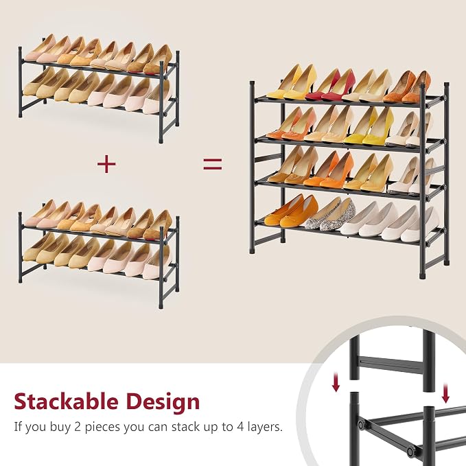 Tajsoon Expandable Shoe Rack for Closet 2 Tier, 28“-41“ Adjustable & Stackable Shoe Shelf Storage, Metal Shoe Rack Organizer for Front Door Entrance, Closet, Garage, Entryway, Black - Image 7