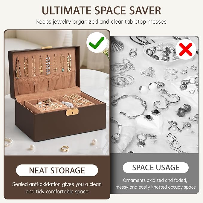 AKOZLIN Travel Jewelry Box Organizer Functional 2-trays Leather Jewelry Storage Case with Lockable Portable for Women Girls Ring Necklace Earring Bracelet - Image 7
