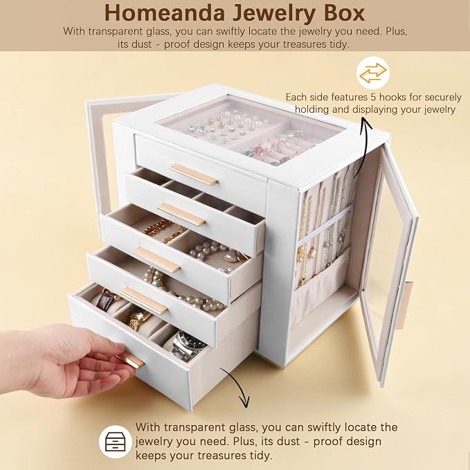 Homeanda Jewelry Box for Women with Glass Lid, 5 Drawers Jewelry Organizer and Storage for Necklaces, Rings, Earrings, Bracelets, Gift for Girls and Teens,PU Leather (White) - Image 6