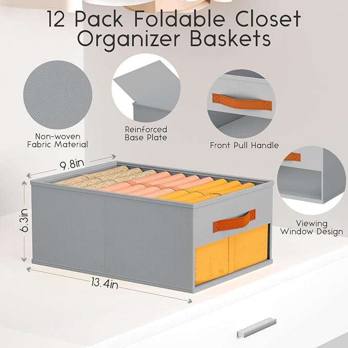 Homsorout Drawer Organizers and Storage - 12 Pack Foldable Pants Organizer with Clear Window & Handles, Fabric Closet Organizer for Clothes, Jeans, Sweaters, Towels, T-shirt, Scarf (Grey) - Image 3