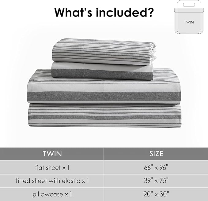 ClevaHome Classic Stripe Sheet Set - 3 Pieces Super Soft & Breathable Bed Sheet Set with Deep Pocket, Enhanced Comfort & Easy Care (Twin, Stone Stripe)