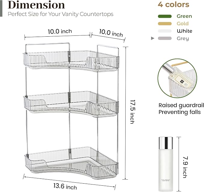 Aveniee Corner Bathroom Counter Organizer, Bathroom Countertop Shelf Makeup Organizer for Vanity Perfume Tray for Corner Storage (3 Tiers, Grey) - Image 5