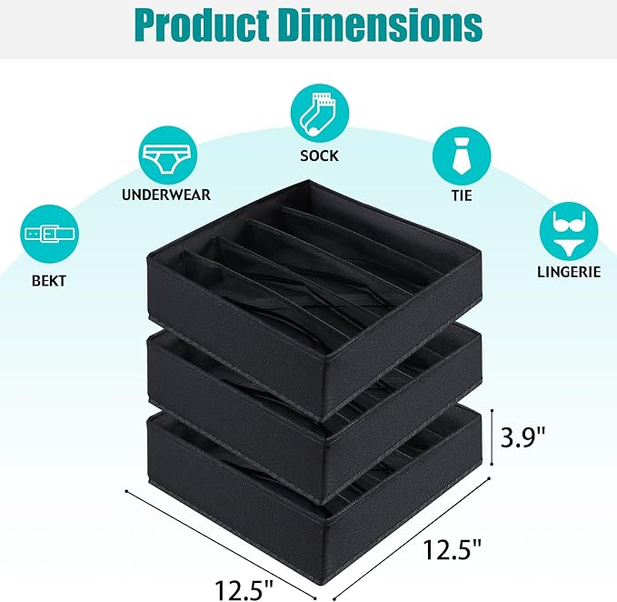Bra Storage Drawers Organizer for Clothing Underwear Drawer Organizer Dividers Black Foldable Storage Cube Bins for Bra,Socks, Underwear,3 Pack （Black） - Image 2