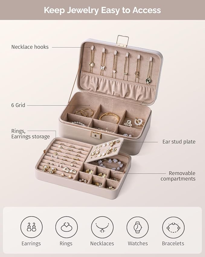 Jewelry Box, 2-Layer Jewelry Holder Organizer with Lock, Removable Jewelry Tray for Earrings Necklaces Bracelets, Light Taupe - Image 2