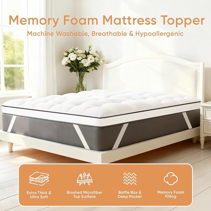 Memory Foam Mattress Topper Twin, 3 Inch Extra Thick Shredded Foam, 100% Cotton Mattress Pad Cover, Breathable & Skin-Friendly Twin Size Mattress Topper for Back Pain Relief
