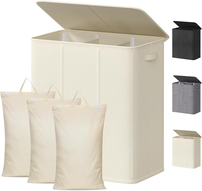 Lifewit Triple Laundry Hamper with Lid and Removable Laundry Bags, Large Collapsible 3 Dividers Dirty Clothes Basket with Handles for Bedroom, Laundry Room, Closet, Bathroom, College, 160L White by Lifewit