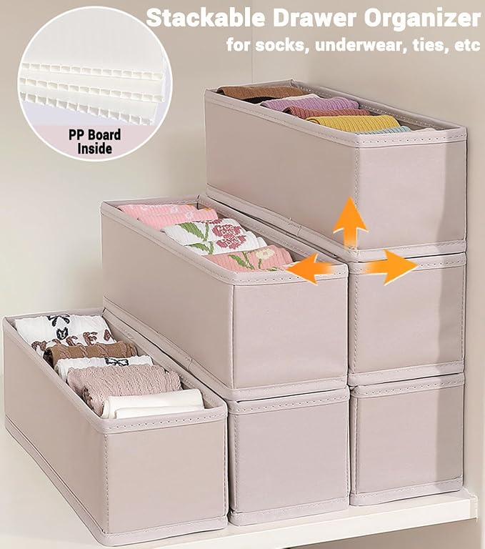 MURRI&MURRDI 6-Pack Foldable Fabric Sock Drawer Organizer, Small Dresser Drawer Organizer for Clothes, Storage Divider Bins for Clothing Underwear Bra Fits Nursery Closet, Gray - Image 4