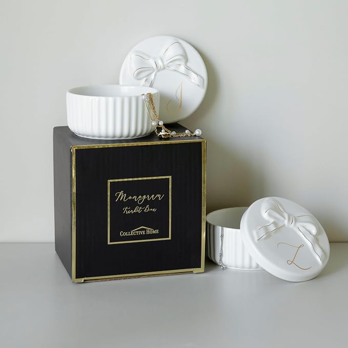 COLLECTIVE HOME - Monogram Jewelry Box with Bow, Christmas Gift Ideas for Women, Small Gift for Girlfriend Wife, Ring Holder, Earrings Dish, Birthday Gift for Her (Y) - Image 4