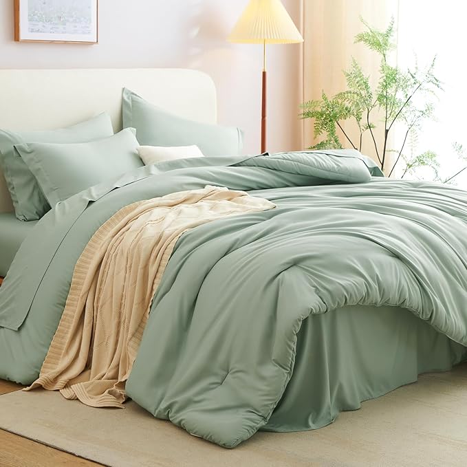 CozyLux Twin XL Comforter Set Sage Green, 5 Pieces Bed in a Bag Twin Extra Long Comforter Set with Sheets, 5PC Bedding Sets with Down Alternative Comforter, Sheets, Pillowcase & Sham for All Seasons