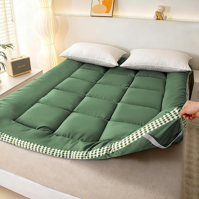 Thick Mattress Topper Queen Size - Non-Slip Mattress Pad Cover for Back Pain Breathable Folding Sleeping Pad Machine Washable Mattress Protector (60x80 inch,Green)