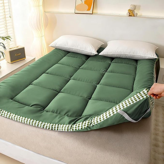 Thick Mattress Topper Queen Size - Non-Slip Mattress Pad Cover for Back Pain Breathable Folding Sleeping Pad Machine Washable Mattress Protector (60x80 inch,Green)