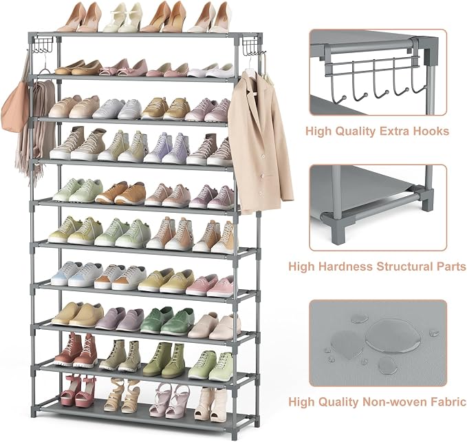 LANTEFUL 10 Tiers Shoe Rack 50 Pairs Large Capacity Tall Shoe Organizer Sturdy Shoe Storage with Two Hooks Space Saving Metal Wide Shoe Rack for Closet, Entryway, Bedroom, Grey - Image 4