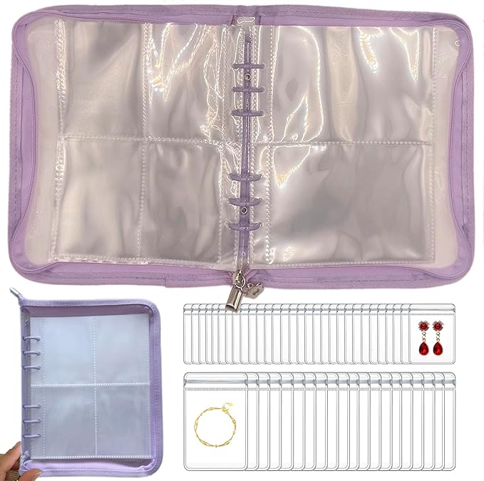 HSLFUAI Transparent Jewelry Storage Book Travel Jewelry Organizer Transparent Jewelry Book Organizer for Necklace Bracelet Ring Holder Jewelry Organizer Book with Small Clear Pouch - Purple by Homestorageforyouandi
