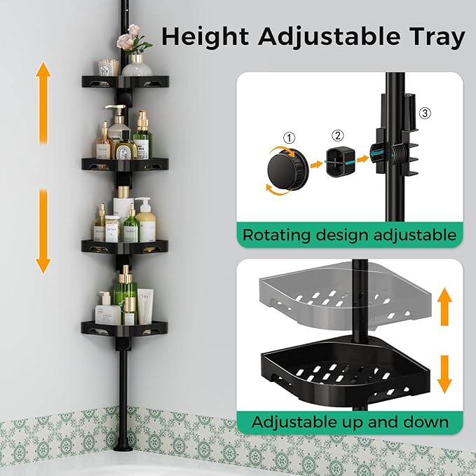 shuang qing 4-Tier Corner Shower Caddy Tension Pole Organizer - Adjustable Rustproof Metal Tension Pole, Plastic Shelves with Safety Guardrail, Bathroom Storage for Shower & Bathtub(Black) - Image 4