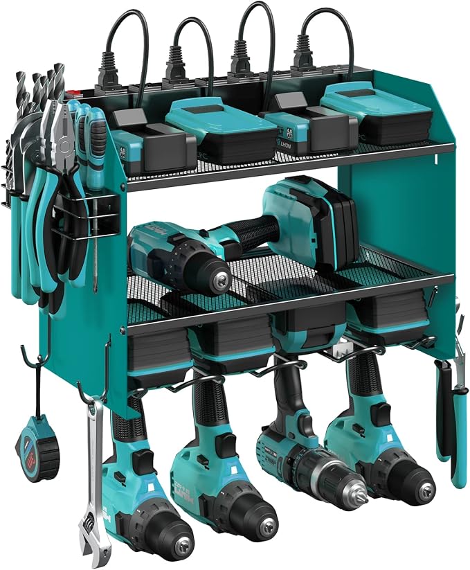 CCCEI Modular Power Tool Organizer Wall Mount with Charging Station. Garage Drill Storage Shelf with Hooks, Heavy Duty Rack, Tool Battery Holder Built in 8 Outlet. Gift for Men. Navy Blue, 2 Pack. by CCCEI