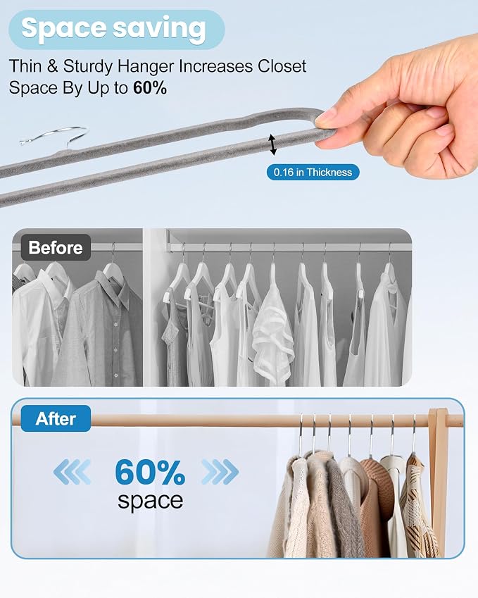 Velvet Hangers Non Slip - 20 Pack Pants Hangers for Closet - Thin Space Saving Clothes Hanger - Strong, Durable, Jean Perchas with 360 Degree Rotatable Hook for Tank Top (Grey Silver Hook) - Image 2