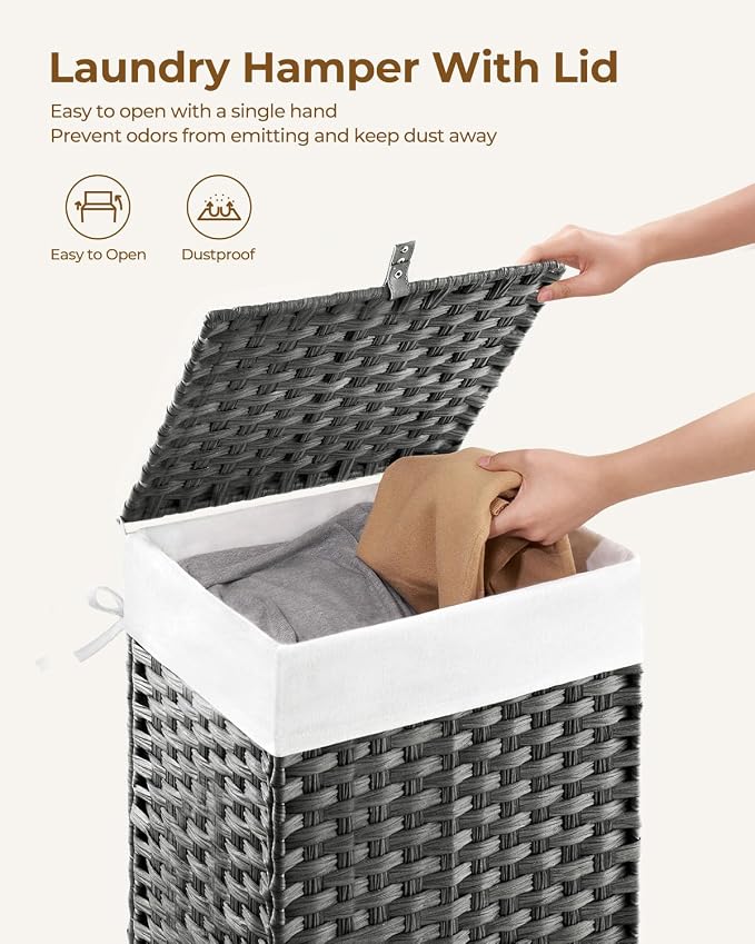 Greenstell Laundry Hamper with Lid, 60L Clothes Hamper with 2 Removable Liner Bags & 2 Mesh Laundry Bags, Handwoven Synthetic Rattan Laundry Basket for Clothes, Toys in Bathroom, Bedroom Grey - Image 5