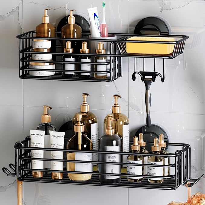 LEVERLOC Shower Caddy Suction Cup, 2 Pack Shower Shelves for Inside Shower with Hooks & Soap Holder, NO-Drilling Bathroom Shower Organizer, Rustproof Meatl Shower Holder Storage, Black by LEVERLOC