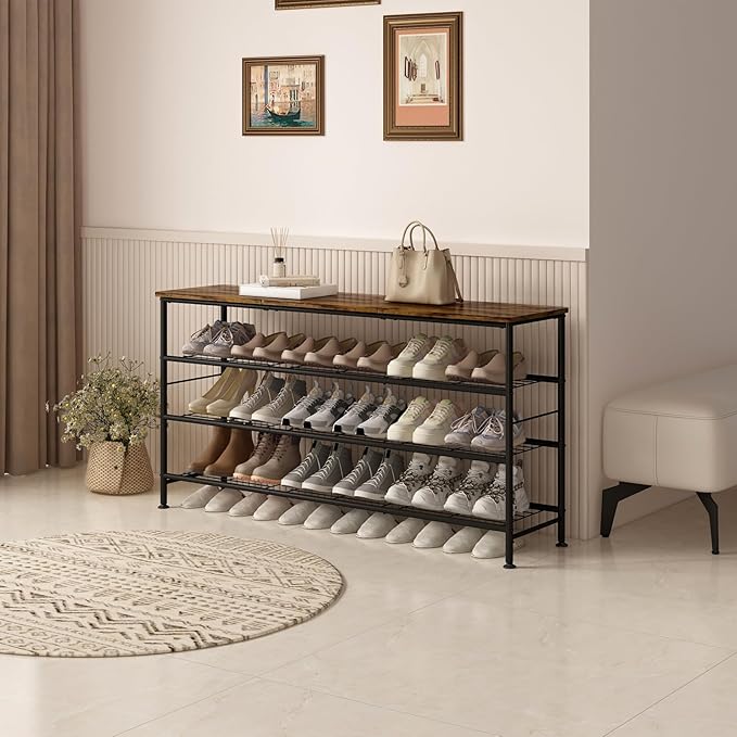 SUOERNUO Shoe Rack Organizer 4 Tier for Closet Entryway Free Standing Metal Storage Shoe Shelf with MDF Top Board (Black+Rustic Brown, Large 4 Tier) - Image 2