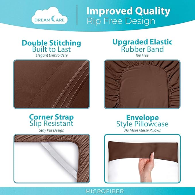 DREAMCARE Full Size Sheets - 6 pcs Breathable Cooling Bed Sheets - up to 15" Deep Pocket Full Size Bed Sheets wth Side Pockets - Extra Soft 100% Brushed Hypoallergenic Hotel Luxury Bedding Mocha Brown