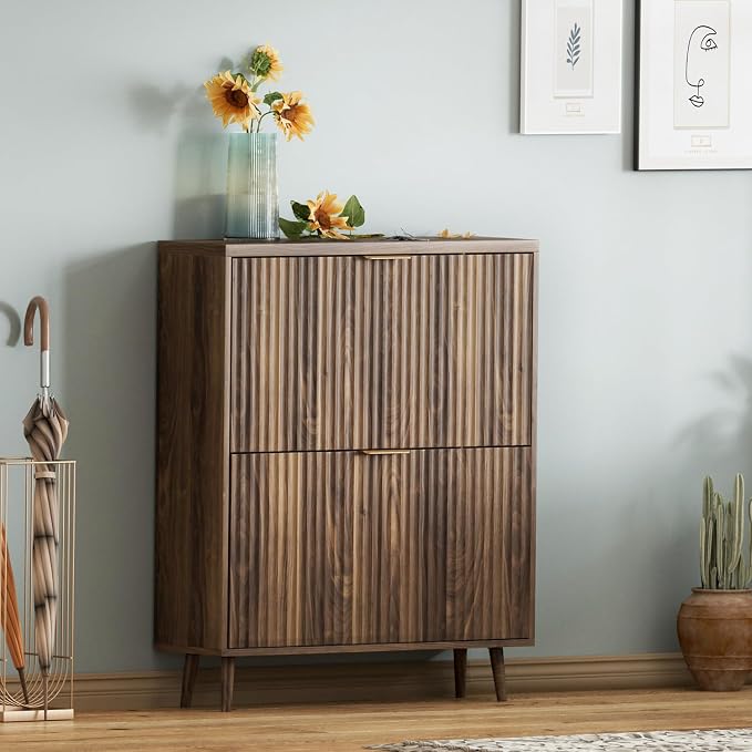 Shoe Cabinet Storage, Modern Freestanding Organizer with 2 Flip Drawers, Narrow Shoe Rack for Entryway, Walnut - Image 7