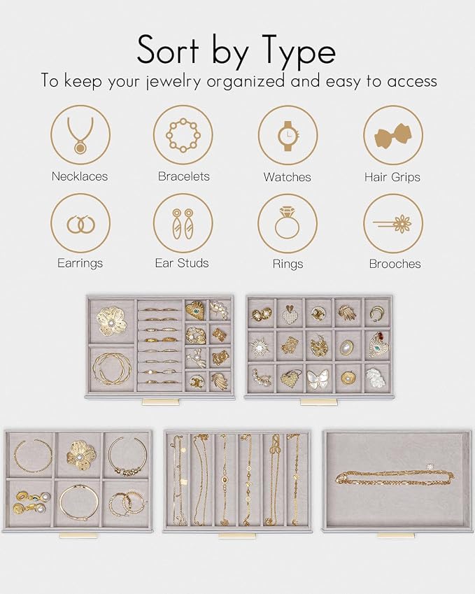 VLANDO 5 Layer Jewelry Box for Women, Glass Lid Jewelry Organizer with 5 Drawers for Necklaces Rings Earrings Bracelets - Grey - Image 3
