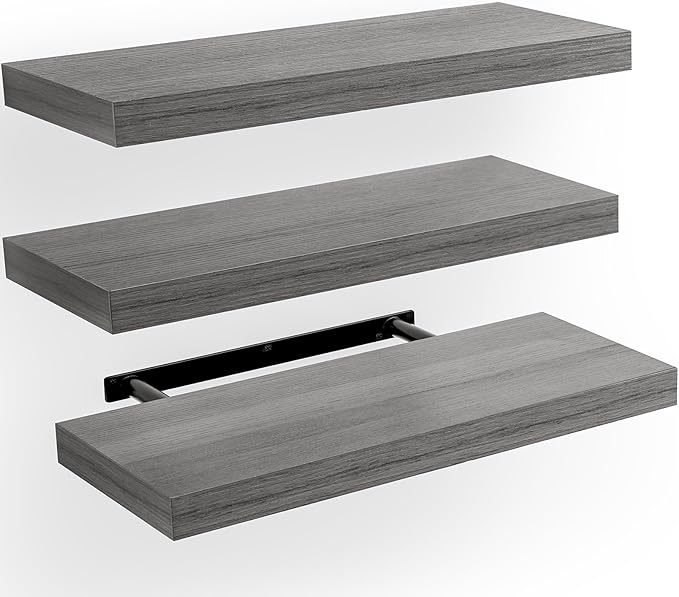 AMADA HOMEFURNISHING Floating Shelves, Wall Shelves for Bathroom/Living Room/Bedroom/Kitchen Decor, Grey Shelves with Invisible Brackets Set of 3 - AMFS07G by AMADAHOMEFURNISHING