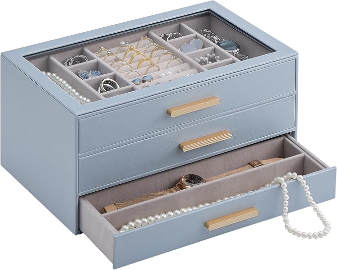 Lolalet Jewelry Box Organizer, 3-Layer Jewelry Organizers and Storage Case with Glass Lid, Ring Earring Bracelet Necklace Holder Organizer, Birthday Valentine Gifts for Women Girls -3Layer, HazeBlue by Lolalet