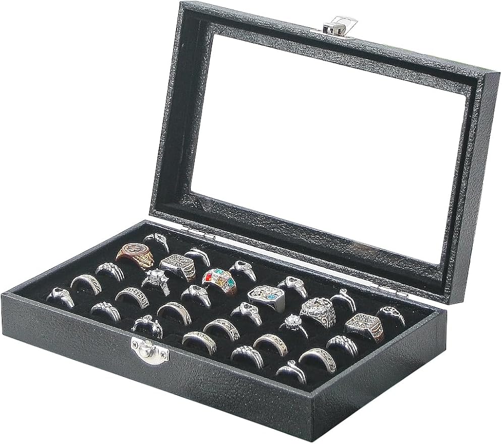Ring Holder Organizer Box,Jewelry Ring Display Case, Earring Necklace Storage Tray With Top Glass Lid (Black, 30 Slots Ring) by Ausalivan