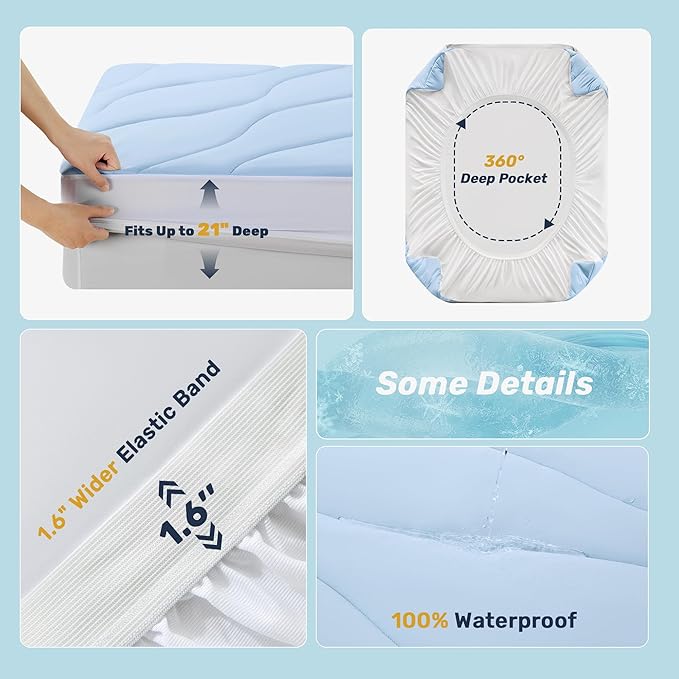 Waterproof Cooling Mattress Pad California King, Cooling Mattress Protector for Hot Sleepers, 5-Layers Noiseless Washable Mattress Cover with 8"-21" Deep Pocket (Light Blue, 72x84)