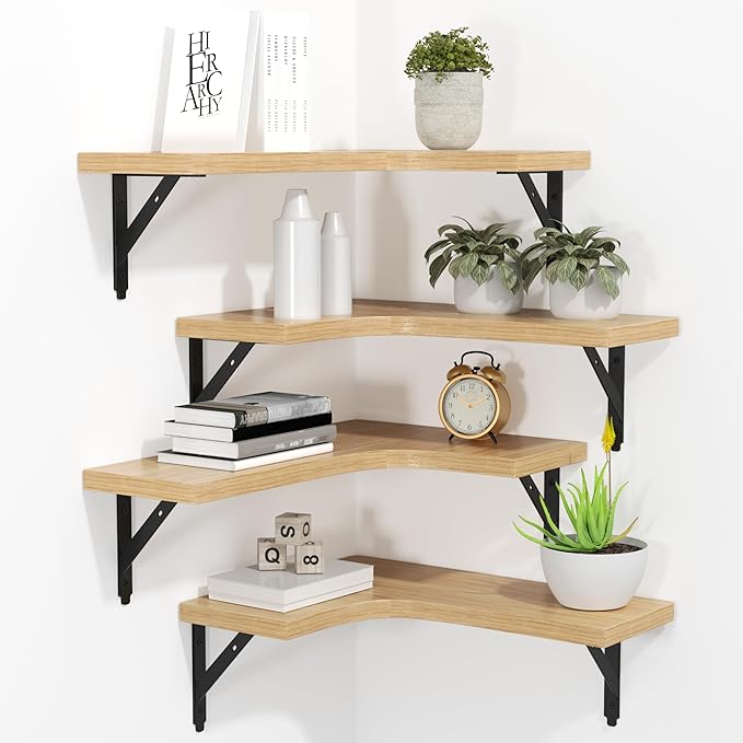 ROMGUAR CRAFT Corner Floating Shelves Wall Mounted Set of 4, Rustic Wood Storage Display Shelves for Home Decor, Bathroom, Kitchen, Bedroom, Living Room, Office (Natural) by ROMGUAR+CRAFT