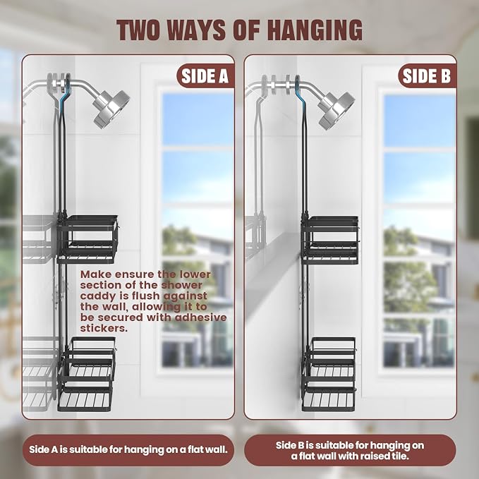 REINHARDT Adjustable Shower Caddy Hanging Rustproof Shower Caddy for Handheld Showerheads, Shower Organizer with Hooks Soap Holder Toothbrush Holder, Anti-Swing Shower Rack Bathroom Accessories, Black - Image 8