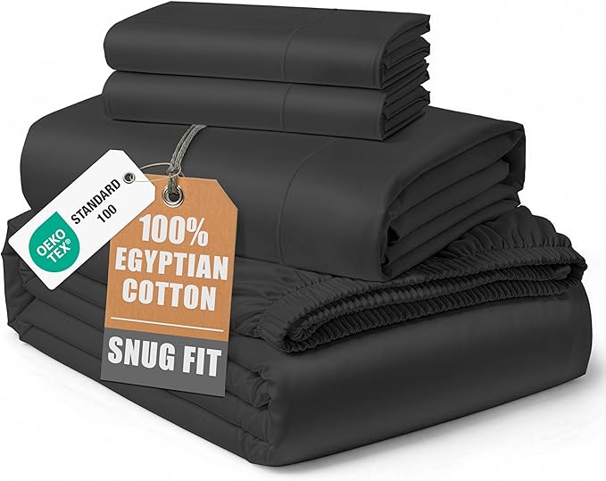 LANE LINEN 100% Egyptian Cotton Queen Sheets, Long Staple Mercerized Cotton No Pill Fade Resistant Silky Sateen Weave for Soft & Comfy Good Night Sleep, Deep Pocket Fits 15" Mattress - Moonless Night