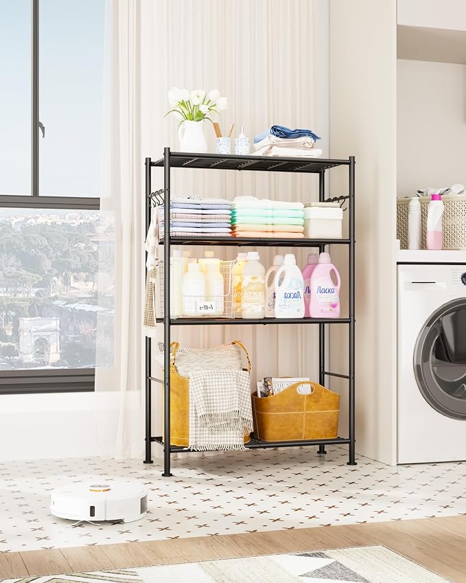 Sakugi Storage Shelves - 4-Tier Spacious Shelf Organizer with Hooks & Leveling Feet, Easy to Assemble, Rust-Resistant Garage Shelving for Kitchen, Pantry, Bedroom, 33.2" x 12.7" x 57.3", Black - Image 7