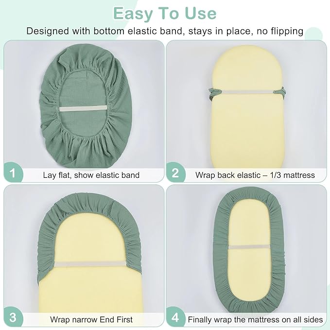 Basumee Muslin Bassinet Sheets for Baby Girl Boy 2 Pack Soft Breathable Baby Bedside Bassinet Fitted Sheets with Bottom Elastic Band Mattress Cover for Rectangle Oval Hourglass Bassinets