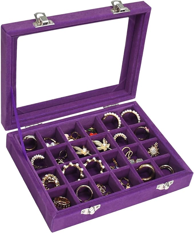 Vicoter Velvet Jewelry Box 24 Grid Jewelry Ring Display Organiser Box Tray Holder Earrings Storage Case for Girls Wife Mom Women (Purple) by Vicoter