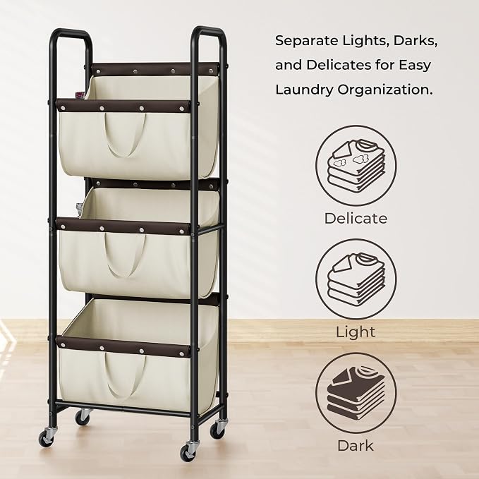 GRANNY SAYS 3 Tier Laundry Sorter, Laundry Basket with Wheels, Laundry Room Organization and Storage, 3 Section Rolling Laundry Cart for Dorm, Bathroom, Bedroom, Closet, Beige - Image 4