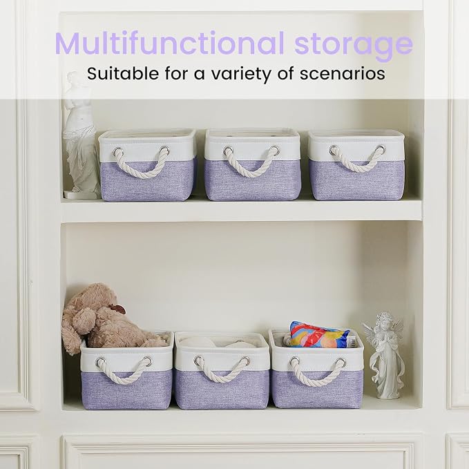 Storage Baskets for Shelves 11.8x7.9x5.2 Inch, Foldable Fabric Storage Bins with Handles, Small Storage Baskets for Organizing Closet, Office, Home Organization (6-Pack, White&Purple) - Image 6