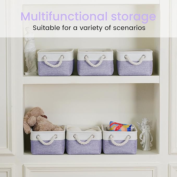 Storage Baskets for Shelves 11.8x7.9x5.2 Inch, Foldable Fabric Storage Bins with Handles, Small Storage Baskets for Organizing Closet, Office, Home Organization (1-Pack, White&Purple) - Image 6