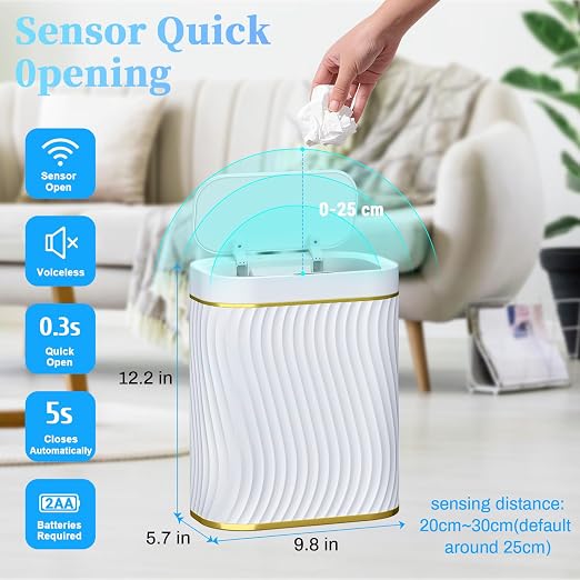 Bathroom Small Trash Can with Automatic Touchless Lid, 2.6 Gallon Smart Garbage Can Narrow Waterproof Trash Bin for Bedroom, Office, Living Room - Image 2
