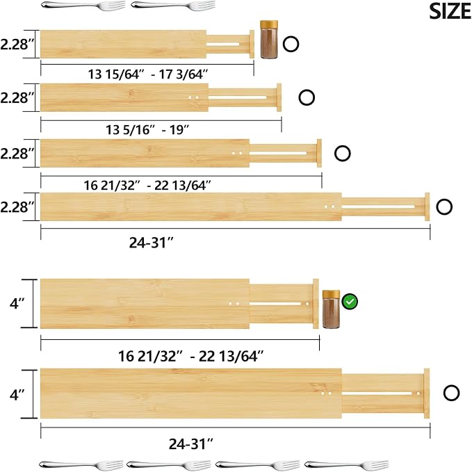 BAMEOS 4" High Drawer Dividers Bamboo Separators Organization Expandable Organizers for Kitchen Bedroom Bathroom Dresser Office 4-pack - Image 2