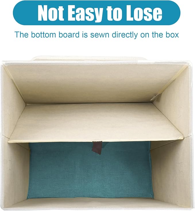 Large 17" 42 Quarts Collapsible Stackable Storage Bins with Lids [3-Pack] Foldable Fabric Linen Storage Boxes Cube, Closet Organizer Baskets with Label for Home (16.7 x 12 x 12", Teal & White) - Image 4