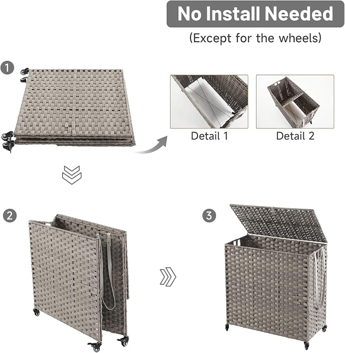 Laundry Hamper with Wheels, 39.6 Gallon(150L) Rolling Laundry Basket with Lid, 3-Section Rattan Clothes Hamper with 3 Removable Liner & 3 Mesh Bags, Laundry Sorter with Side Pocket, Grey - Image 7