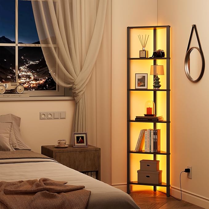 TUTOTAK Corner Shelf with LED Light, 6-Tier Corner Bookshelf for Small Space, Narrow Display Corner Shelf Stand with Storage Rack, for Living Room, Bedroom, Black BS05BK006L - Image 3