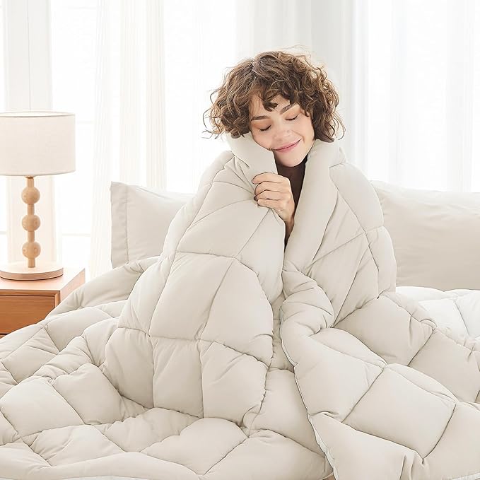 MUXHOMO 5 Pieces Twin XL Comforter Set, Reversible Bed in a Bag Twin XL Size, All Season Bedding Set with Comforter, Flat Sheet, Fitted Sheet, Pillowcases & Shams, Beige & White