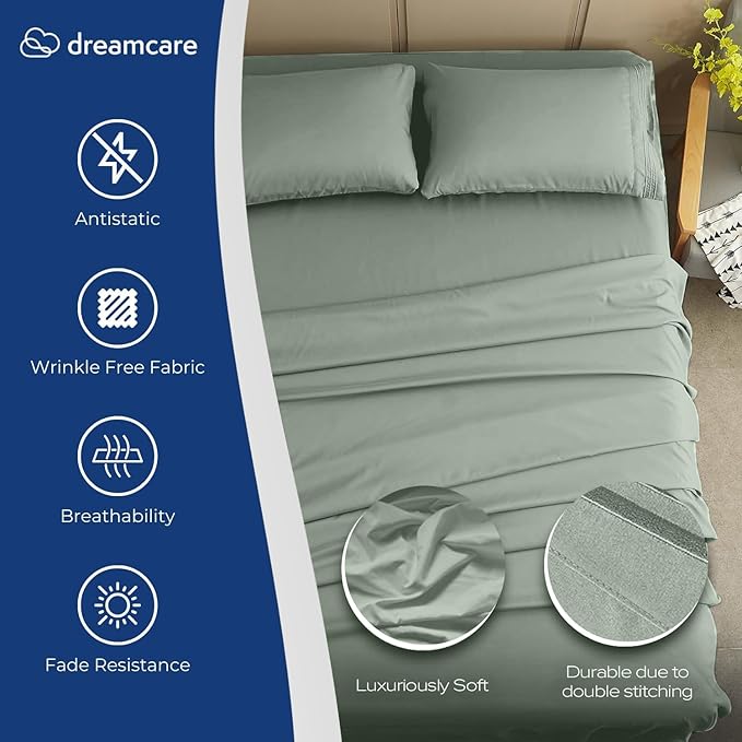 DREAMCARE Twin XL Sheet Sets - 4 pcs Breathable Cooling Bed Sheets - up to 15" Deep Pocket Twin XL Sheets Set with Side Pockets - Extra Soft 100% Brushed Hypoallergenic Hotel Luxury Bedding Sage Green