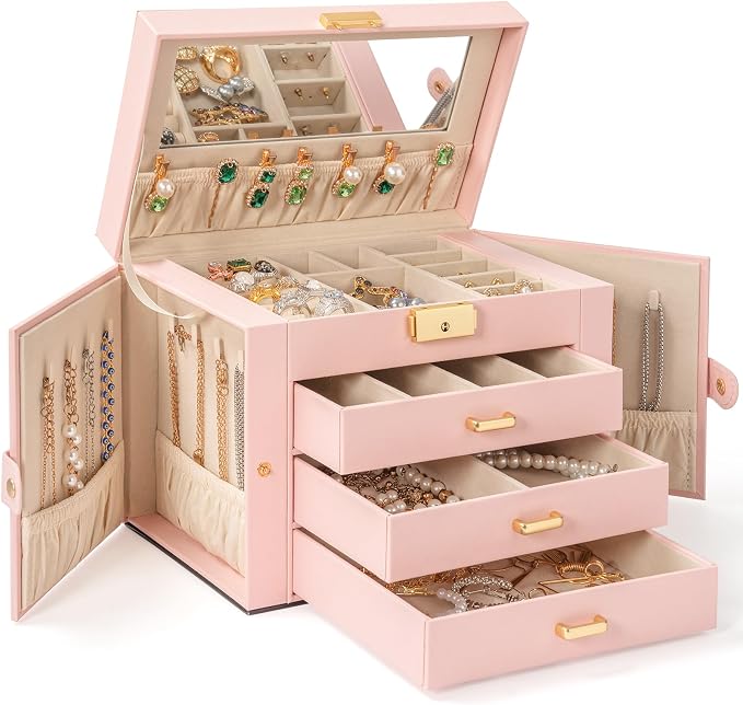 AKOZLIN Large 4-Tier Jewelry Box Leather Jewelry Storage Organizer with 3 Drawers Lockable for Women Girls Ring Necklace Earring Bracelet Watches Holder with Mirror Pink by AKOZLIN