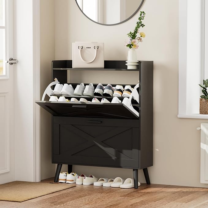 Homleke 32" W Farmhouse Shoe Storage Cabinet with 2 Flip Drawers and Barn Door Design, Adjustable Shelves, Modern Hidden Slim Narrow Shoe Rack Cabinet for Entryway, Foyer, Hallway, Living Room, Black - Image 3